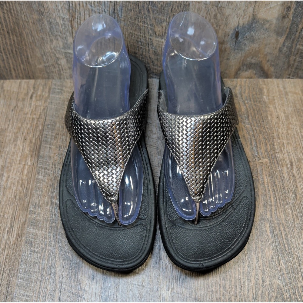 Fitflop Lulu Weave Silver Metallic Thong Flip Flop Toe Post Sandals Womens Sz 8 - Picture 4 of 13